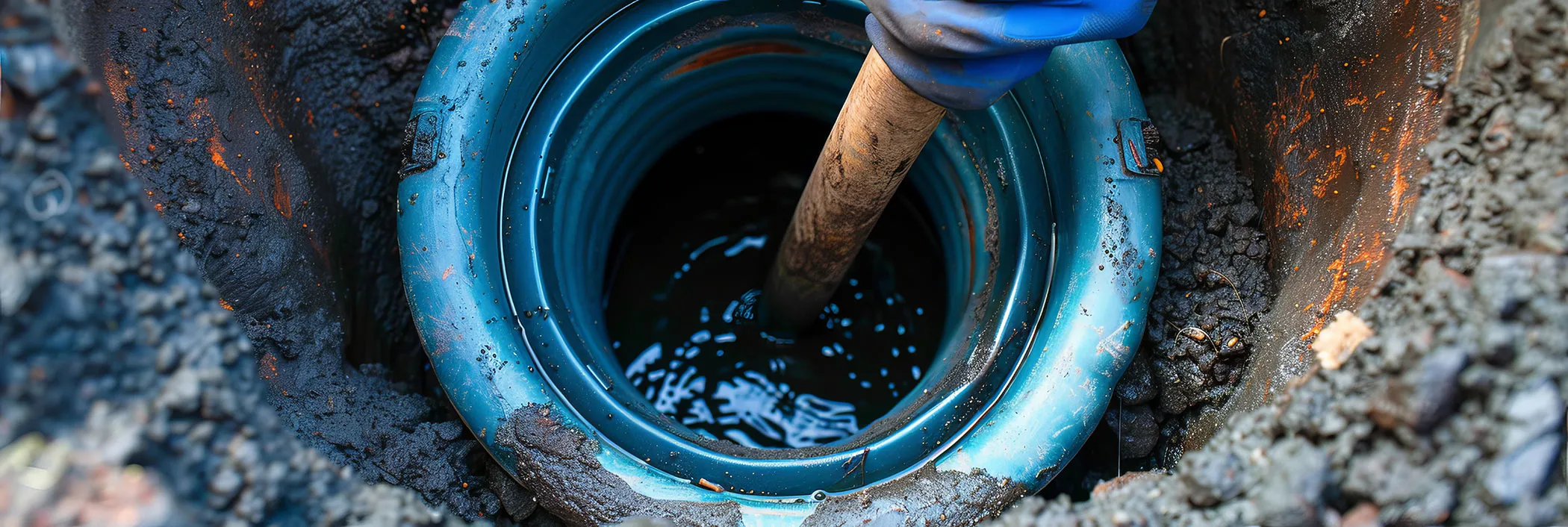 A person in blue gloves and blue gloves is working on a pipe.